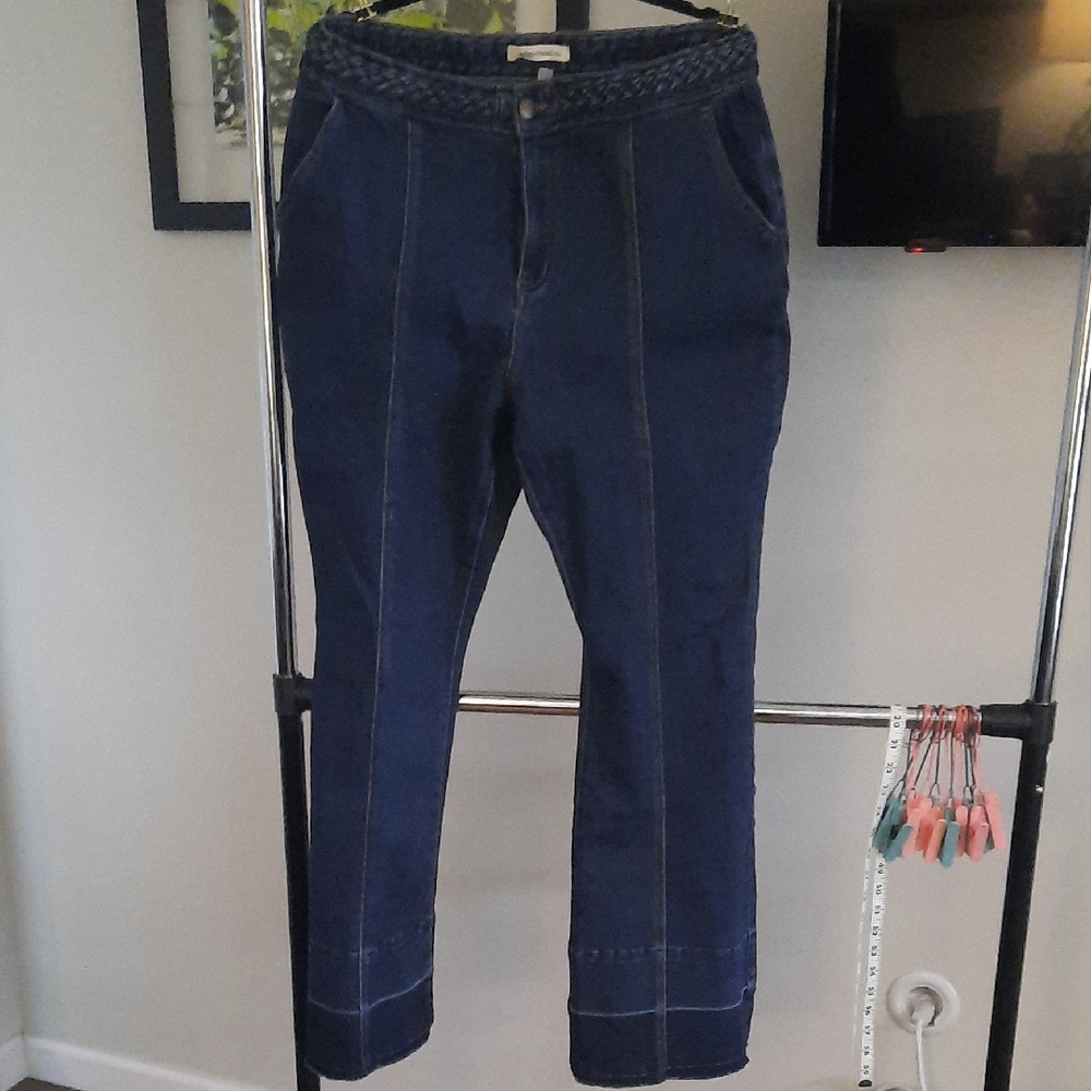 Indigo Blue Dark Blue Flared Jeans with Braided Waistband